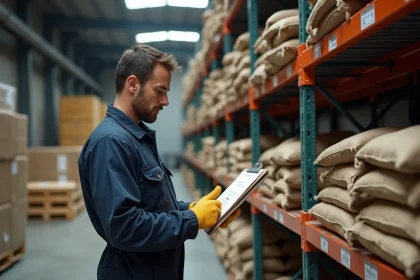 Ouvrier d'entrepôt consultant un tableau de conversion quintal-tonne avec des sacs de marchandises pesés sur des étagères industrielles