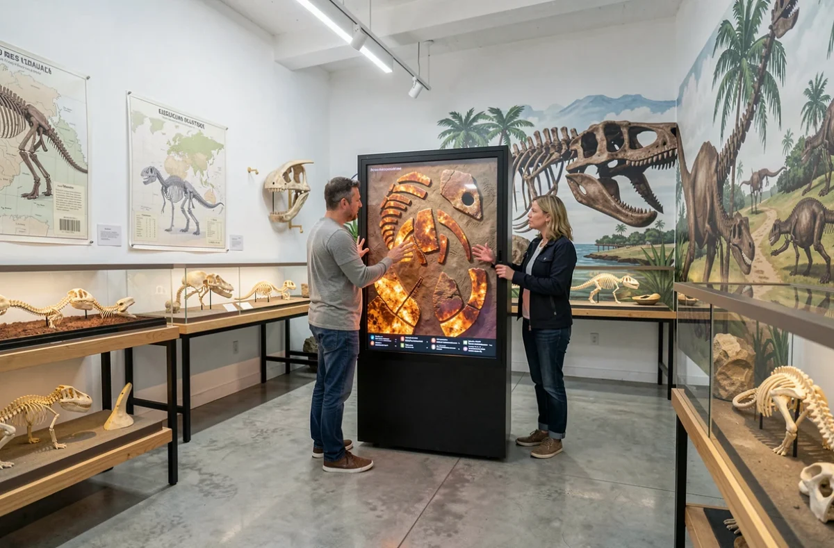 Joueurs explorant des fossiles de dinosaures dans l'escape game Paléopolis à Gannat