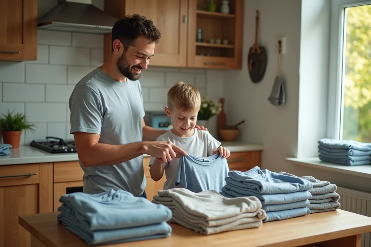 Père et fils pliant des t-shirts dans la cuisine ensoleillée