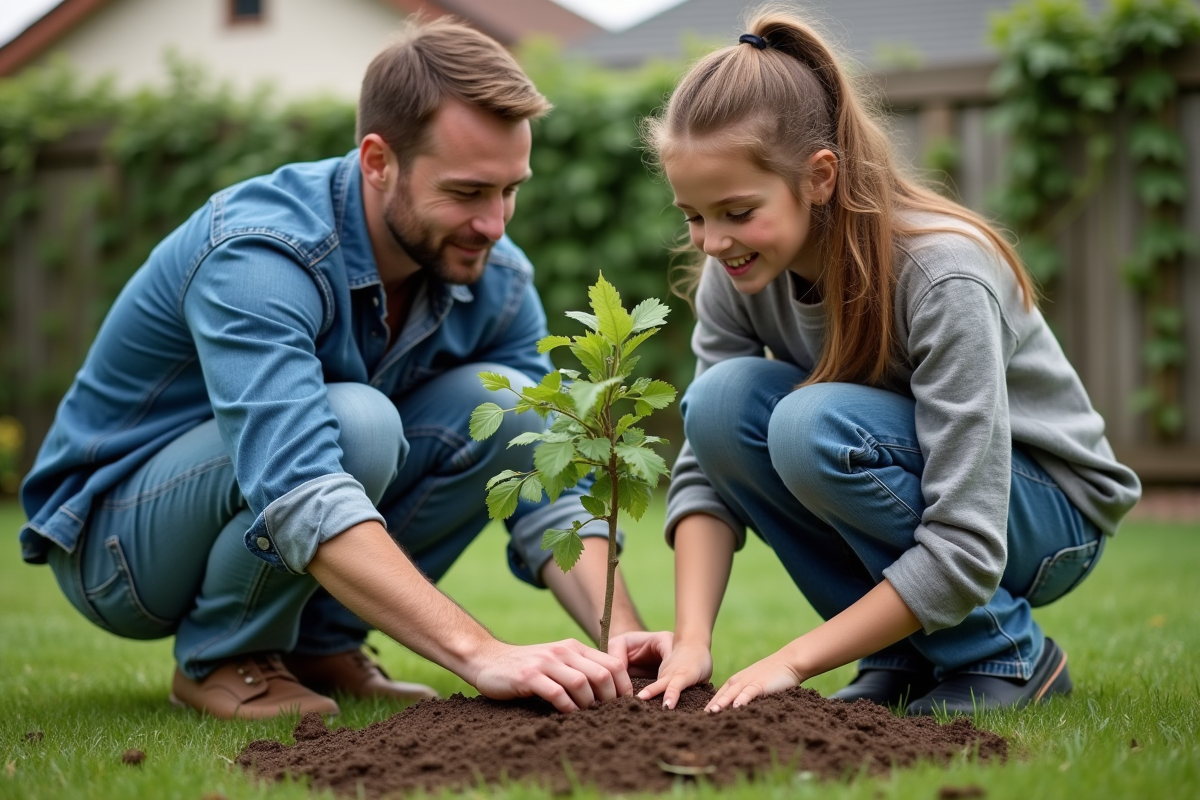 Père et fille plantant un arbre dans le jardin