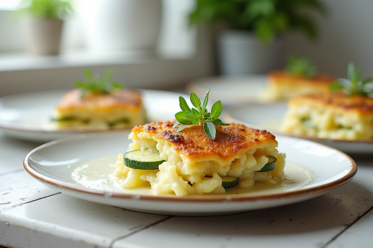 Partages de gratin de courgettes et pommes de terre sur assiettes