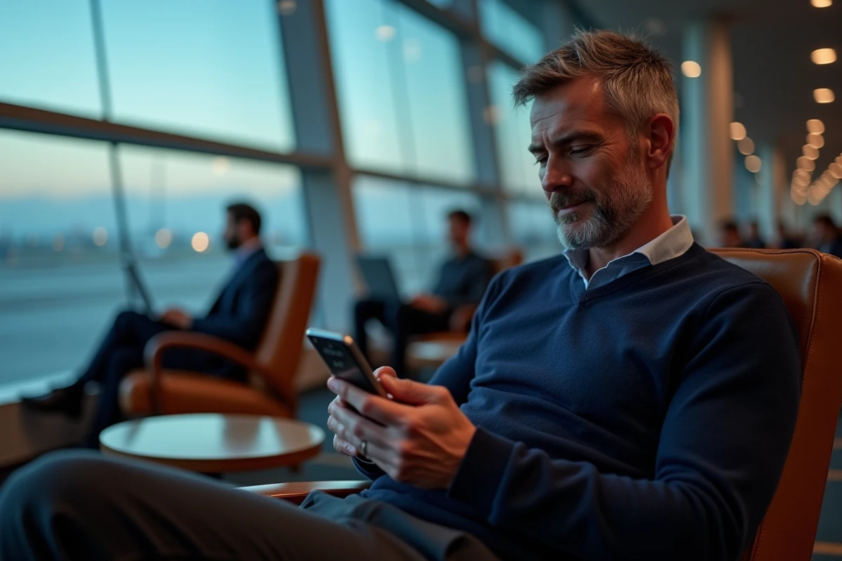 Passager dans un salon d'aéroport comparant l'heure de Paris et l'heure de Sydney sur son smartphone