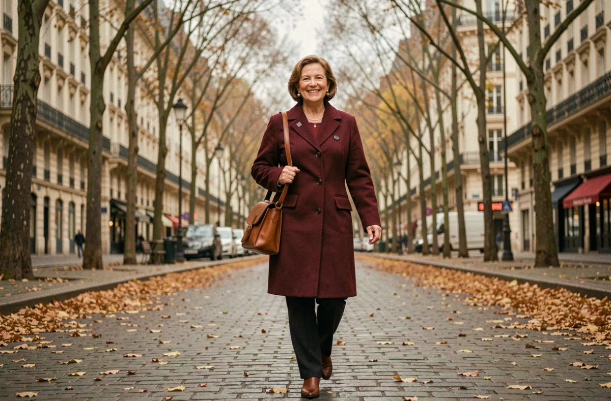 Femme distinguée se promenant dans les rues de Paris en automne, illustration de la vie personnelle et discrète d'une personnalité publique