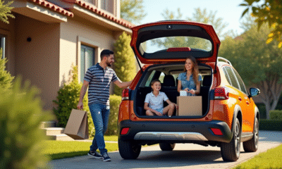Famille heureuse avec Peugeot 2008 devant une maison ensoleillée