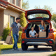 Famille heureuse avec Peugeot 2008 devant une maison ensoleillée