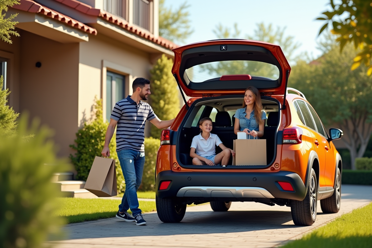 Famille heureuse avec Peugeot 2008 devant une maison ensoleillée