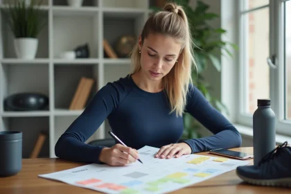 Femme sportive créant un planning d'entraînement en semaines paires et impaires sur un calendrier papier coloré
