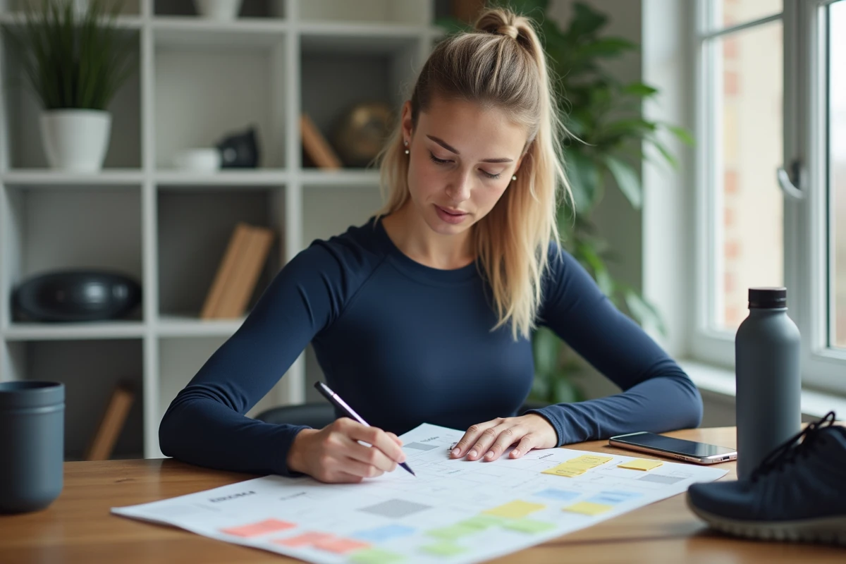 Femme sportive créant un planning d'entraînement en semaines paires et impaires sur un calendrier papier coloré