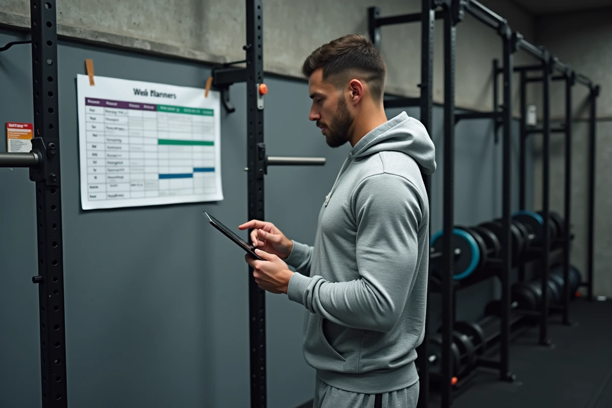 Sportif consultant un planning hebdomadaire numérique en semaines alternées dans une salle de sport