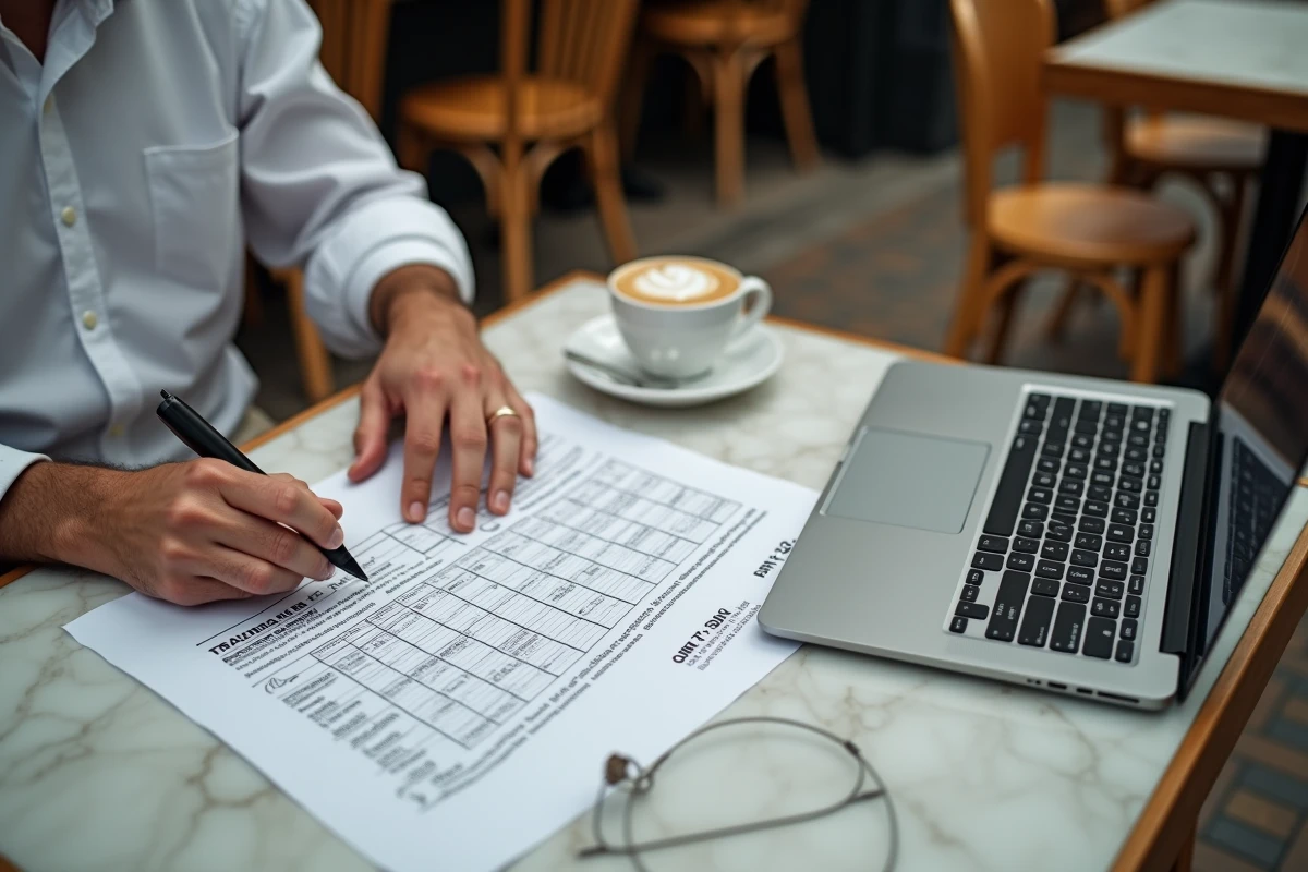 Homme en café parisien consultant un planning d'horaires de sessions boursières GMT+2 avec notes manuscrites et laptop