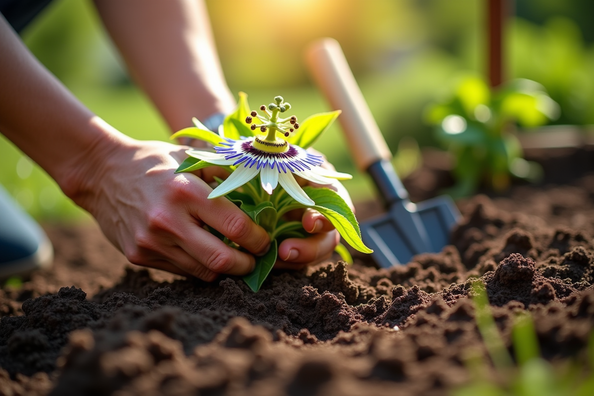 Main plantant une passiflore dans la terre du jardin