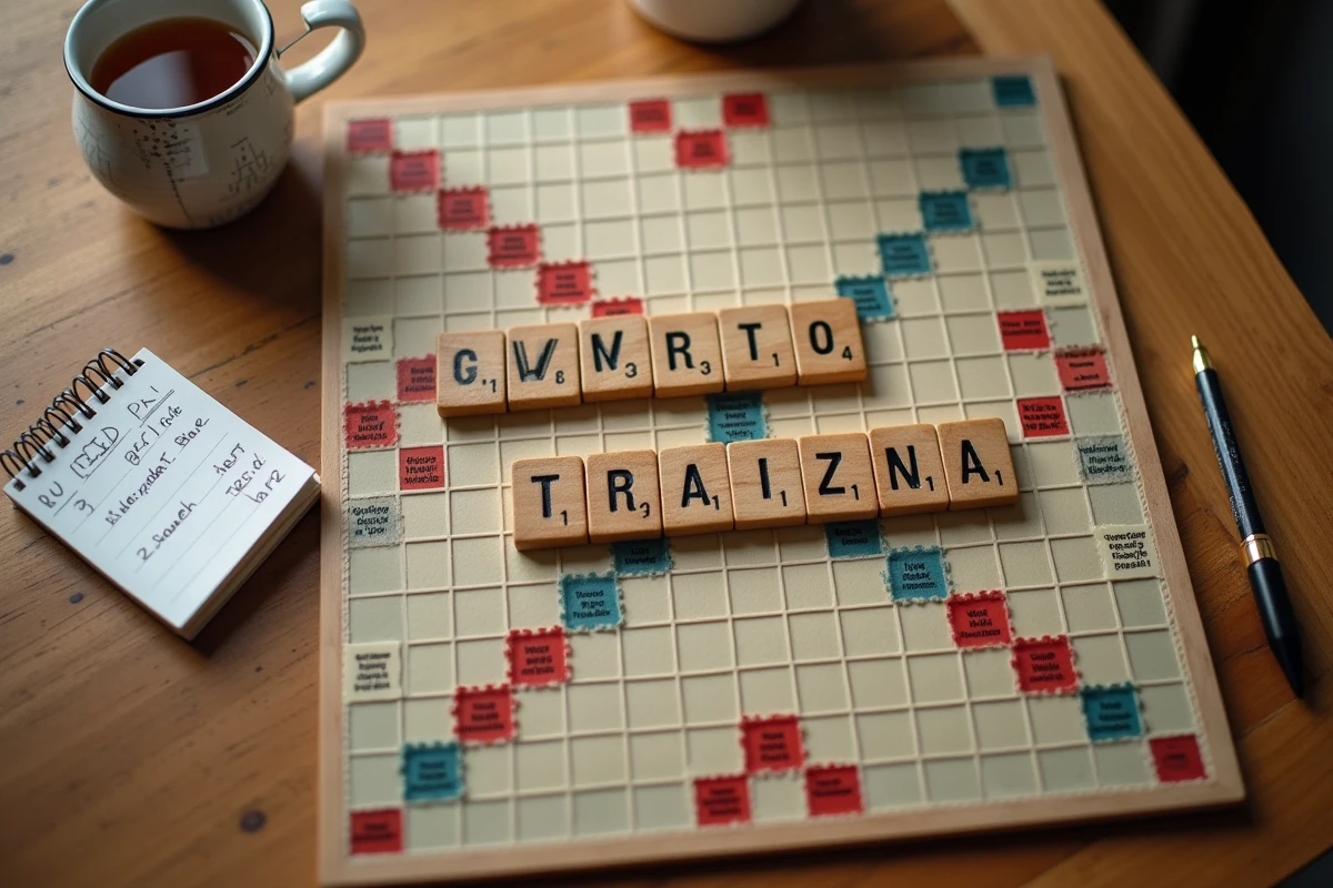 Vue aérienne rapprochée d'un plateau de Scrabble avec les lettres W et Z formant des mots stratégiques en trois lettres
