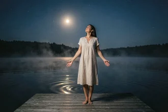 Femme en robe de lin face à une pleine lune de novembre au bord d'un lac, atmosphère spirituelle et libératrice