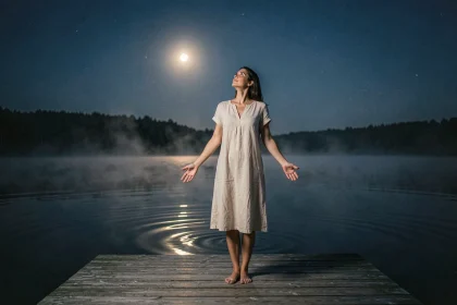 Femme en robe de lin face à une pleine lune de novembre au bord d'un lac, atmosphère spirituelle et libératrice