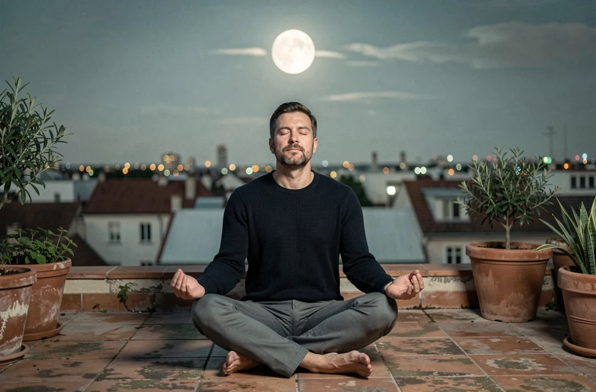 Homme en méditation sur un toit sous la pleine lune de novembre, atmosphère urbaine et introspective