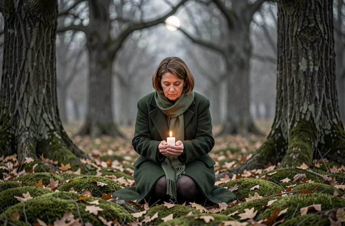 Femme agenouillée en forêt sous la pleine lune de novembre avec une bougie, rituel spirituel de libération