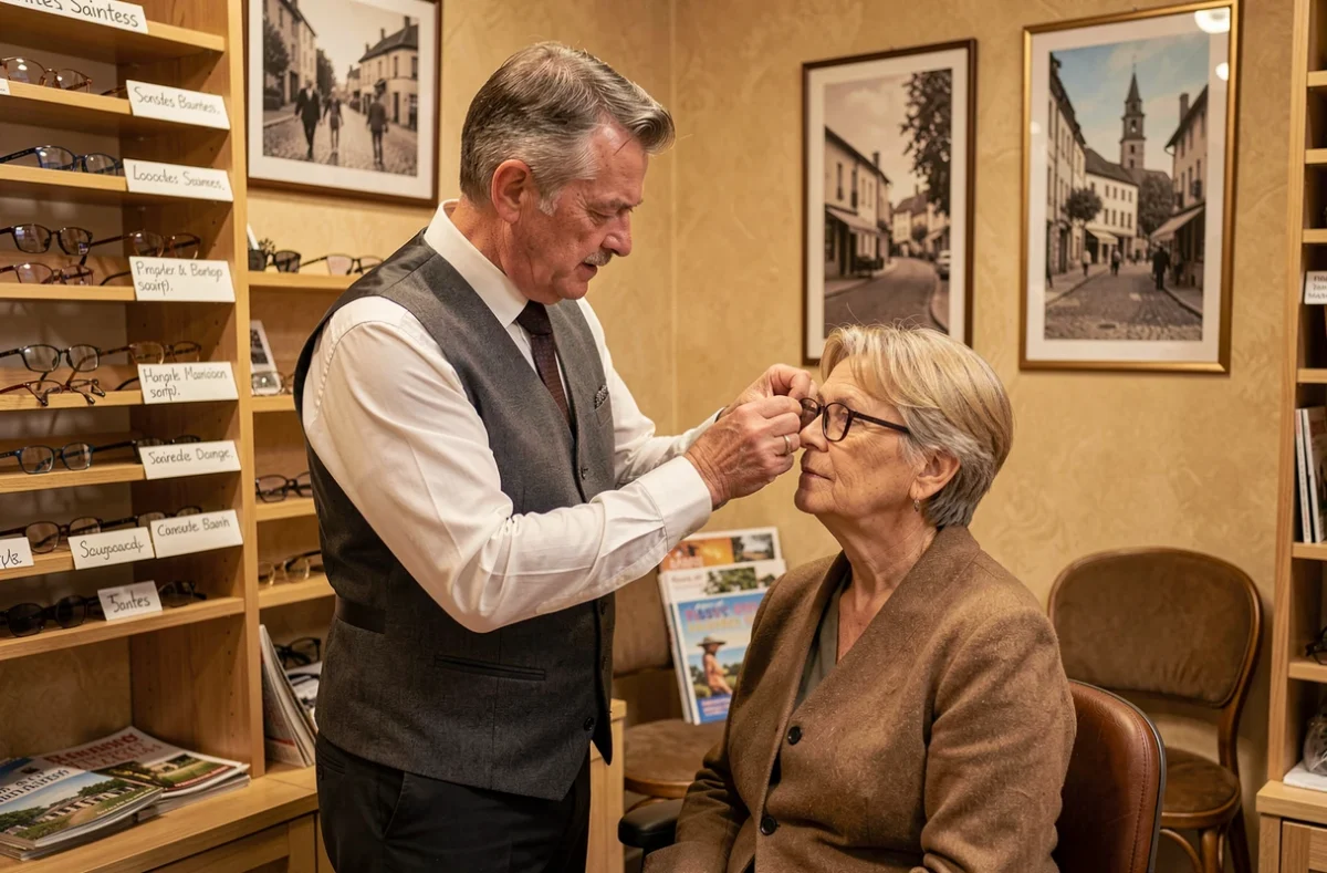 Opticien indépendant PO Profession Opticien à Saintes ajustant des lunettes à une cliente dans sa boutique