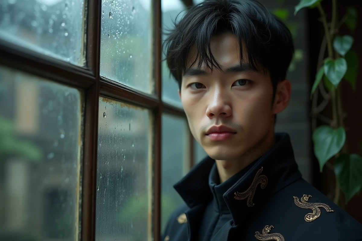 Portrait en gros plan d'un jeune homme aux yeux de renard et au sourire énigmatique devant une fenêtre en vitrail sous la pluie dans une académie gothique
