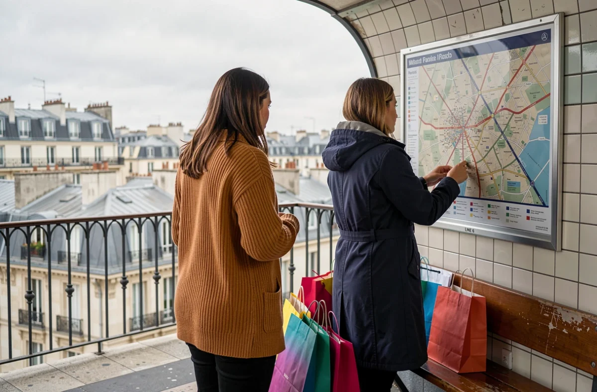 Deux femmes consultant un plan de métro sur le quai extérieur de la ligne 6 avec des sacs de shopping