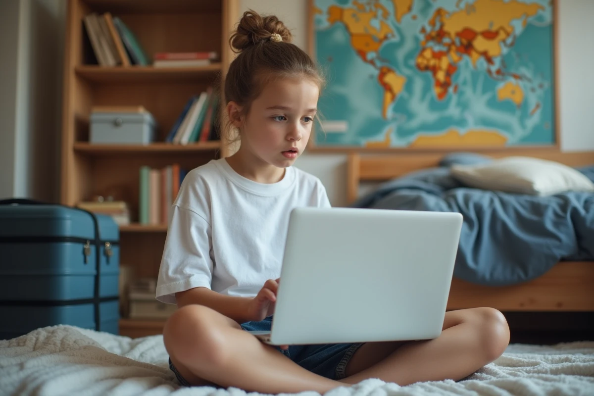 Adolescente faisant un quiz de grammaire française sur ordinateur portable avant les vacances, test orthographe bons ou bonnes vacances