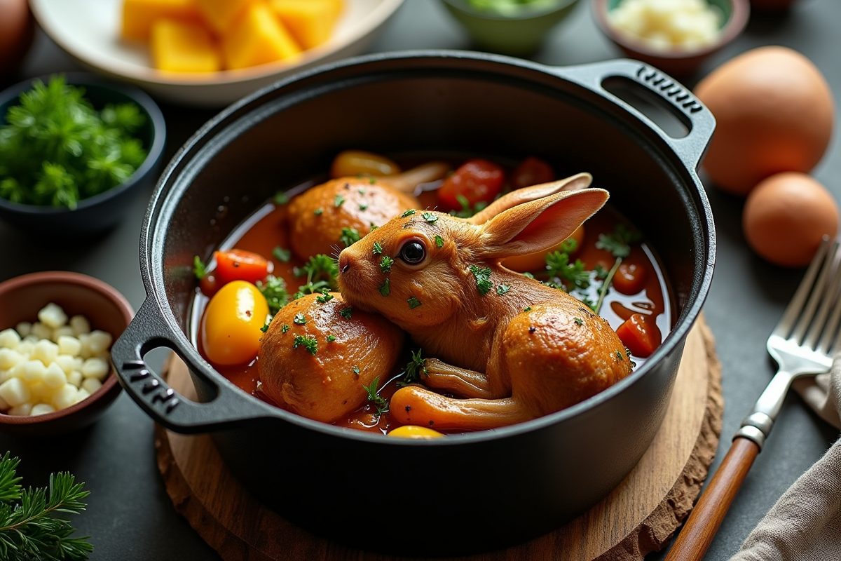Ragout de lapin prêt dans une cocotte avec herbes et accompagnements
