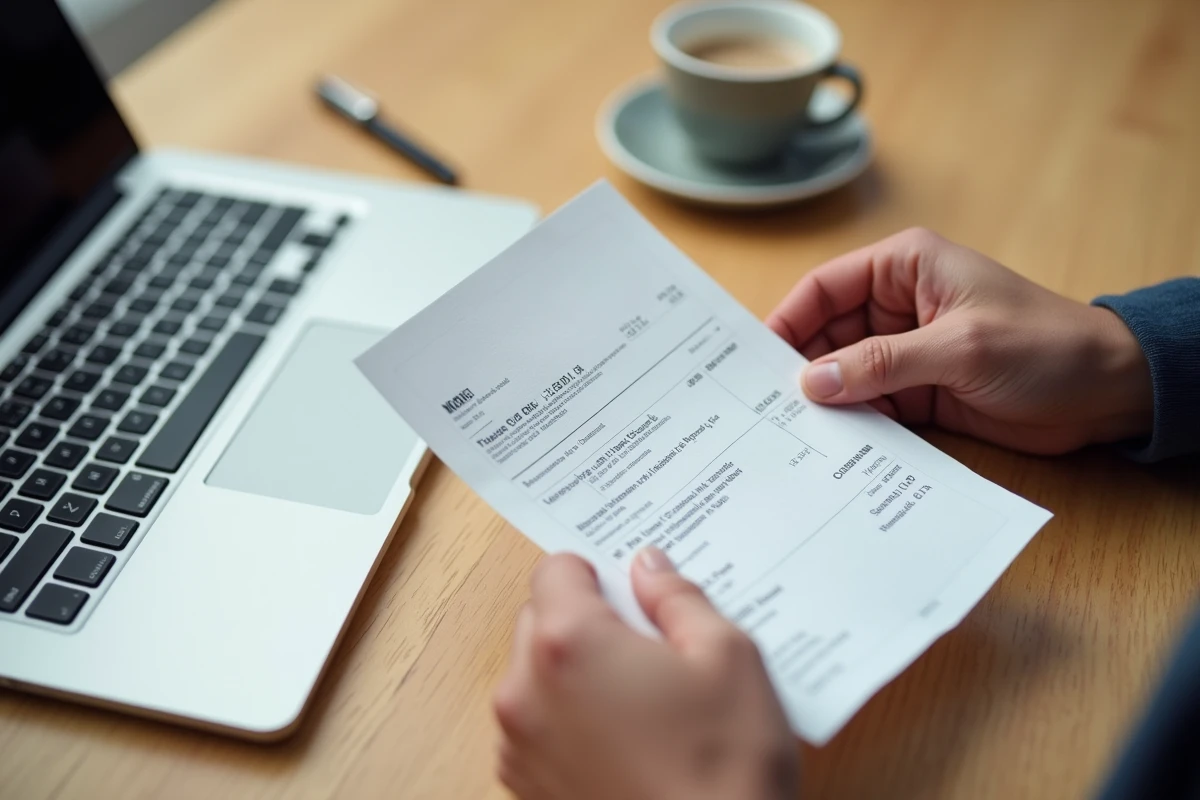 Mains tenant un reçu d'achat imprimé et tapant sur un clavier d'ordinateur pour contester une transaction sur Le Bon Coin
