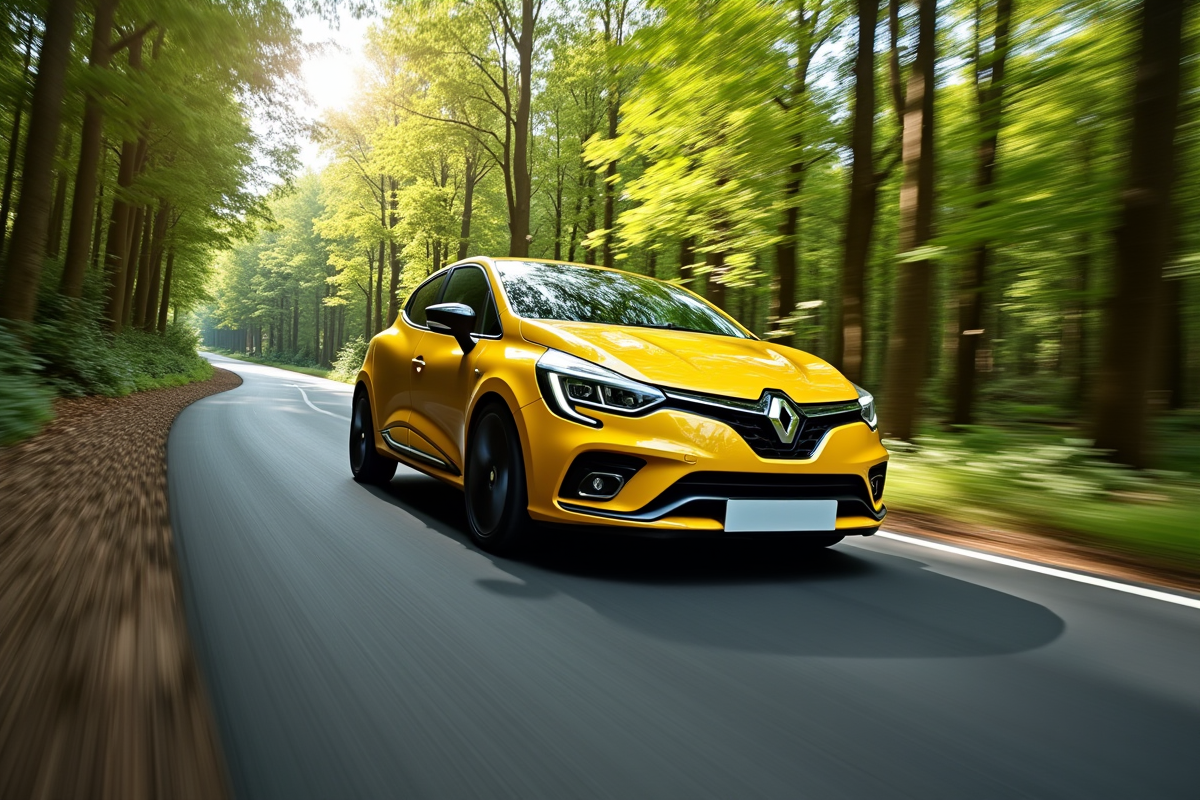 Clio 2 RS jaune roulant rapidement en forêt