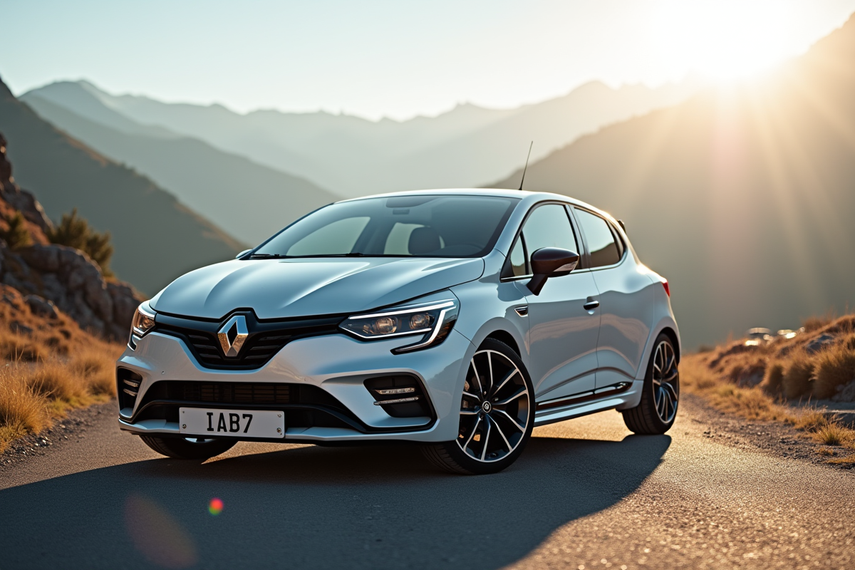 Renault Clio 2 RS argentée sur route de montagne ensoleillée