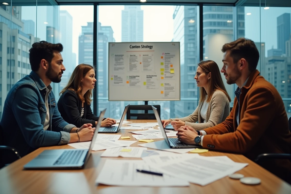Équipe de journalistes en réunion éditoriale autour d'une table couverte de documents, représentant le processus de création du contenu d'epershand.net Magazine