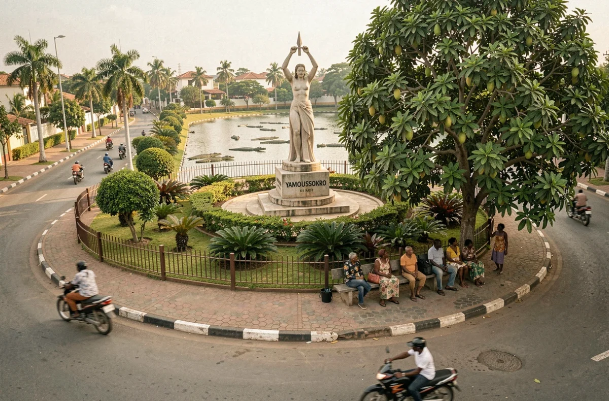 Rond-point central de Yamoussoukro avec ses jardins tropicaux et le lac aux crocodiles en arrière-plan