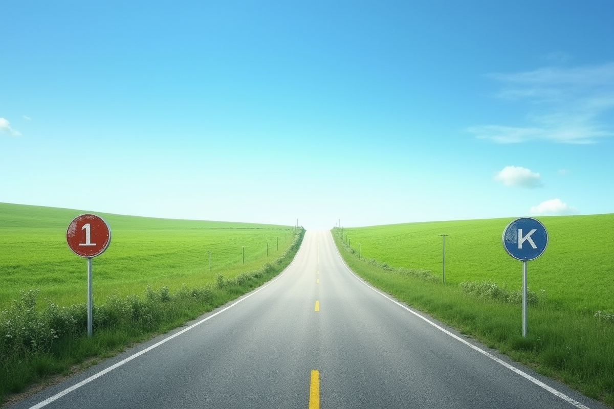 Route classique avec bornes vintage et modernes en campagne
