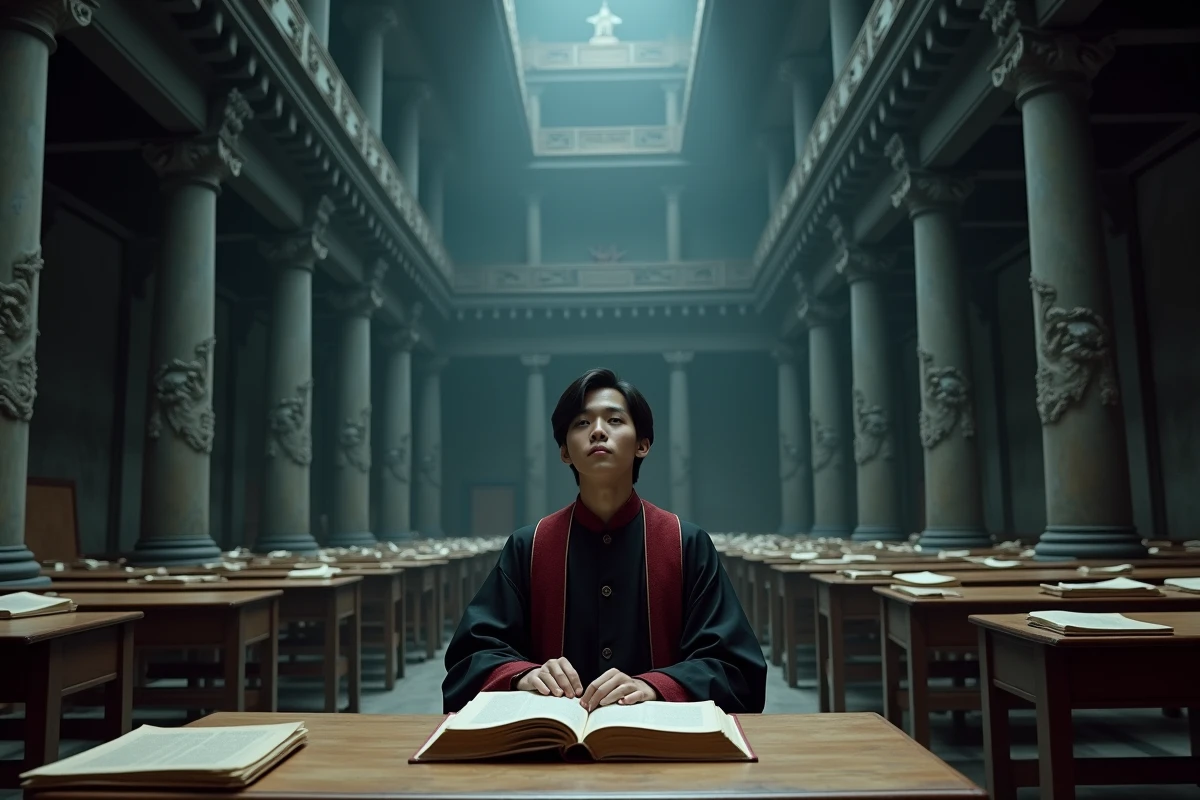 Grande salle d'académie démoniaque aux colonnes de pierre avec un étudiant solitaire entouré de grimoires anciens et de symboles sculptés