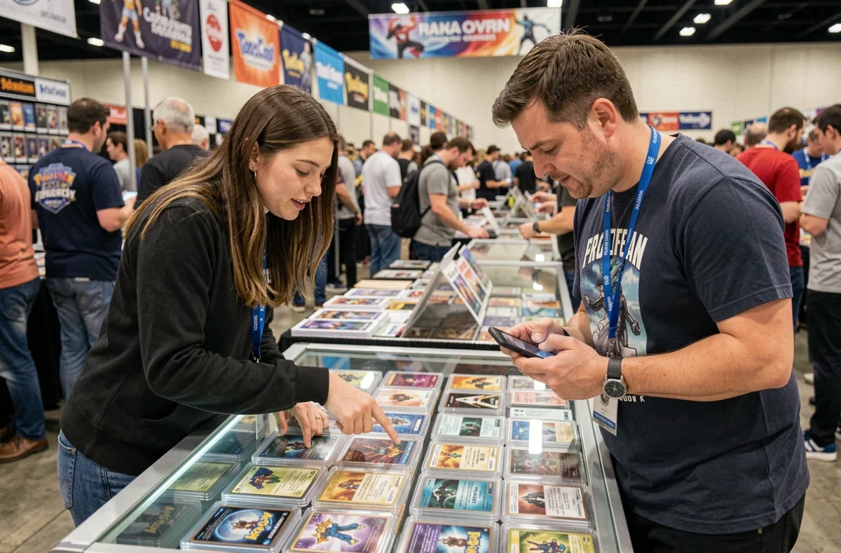 Deux collectionneurs adultes évaluent des cartes Pokémon rares dans une vitrine lors d'un salon de cartes à jouer, consultant les prix sur smartphone
