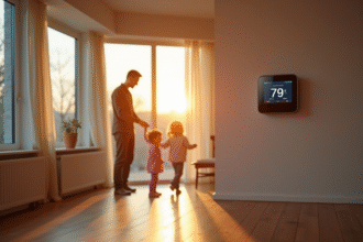 Salon moderne avec thermostat intelligent et radiateurs économes