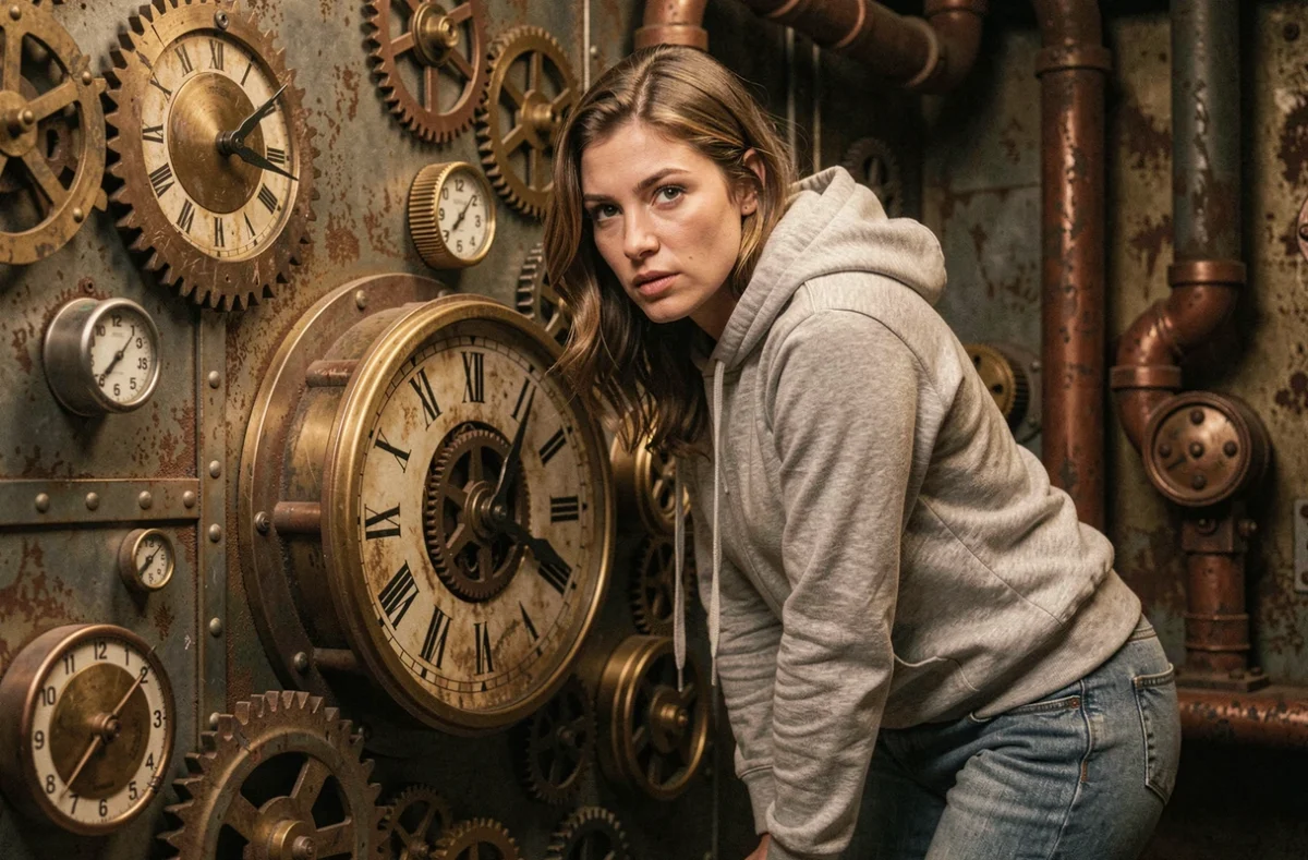 Joueuse concentrée sur un mécanisme d'horloge géant dans l'escape game Sixty O' Lock à Montluçon