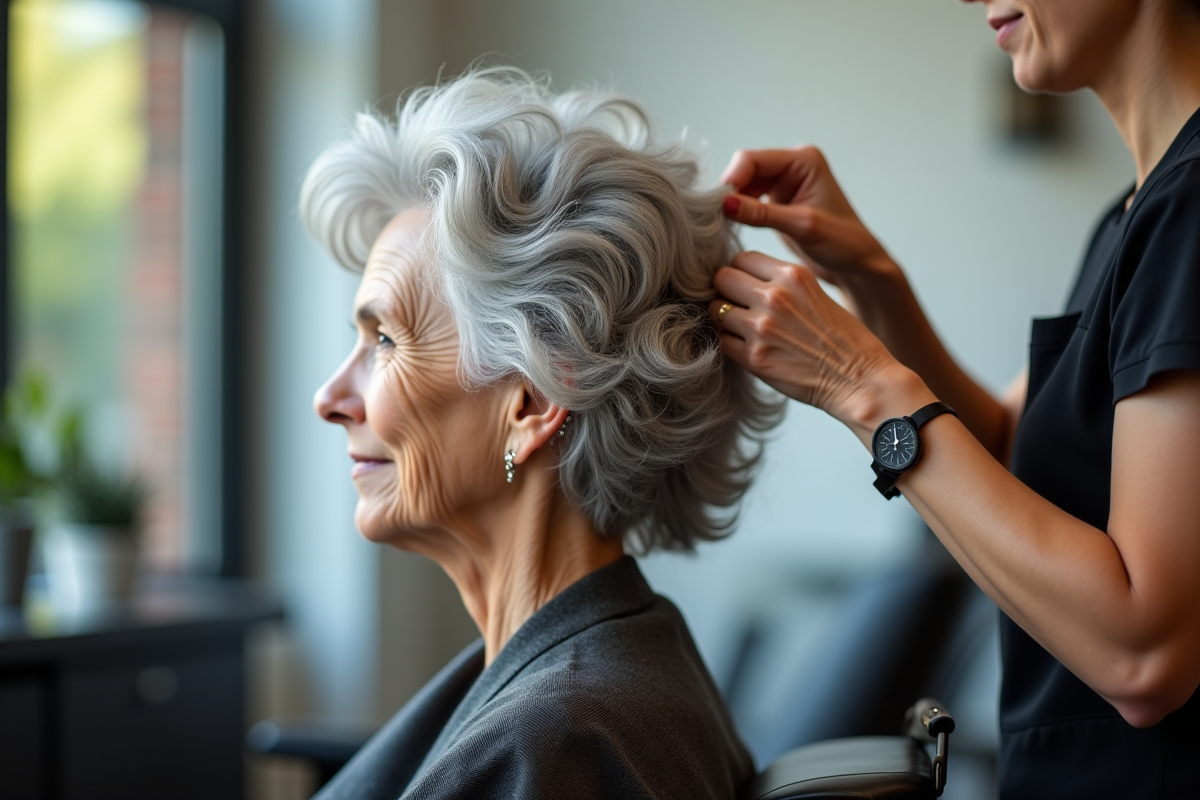 Femme âgée recevant un soin capillaire dans un salon lumineux