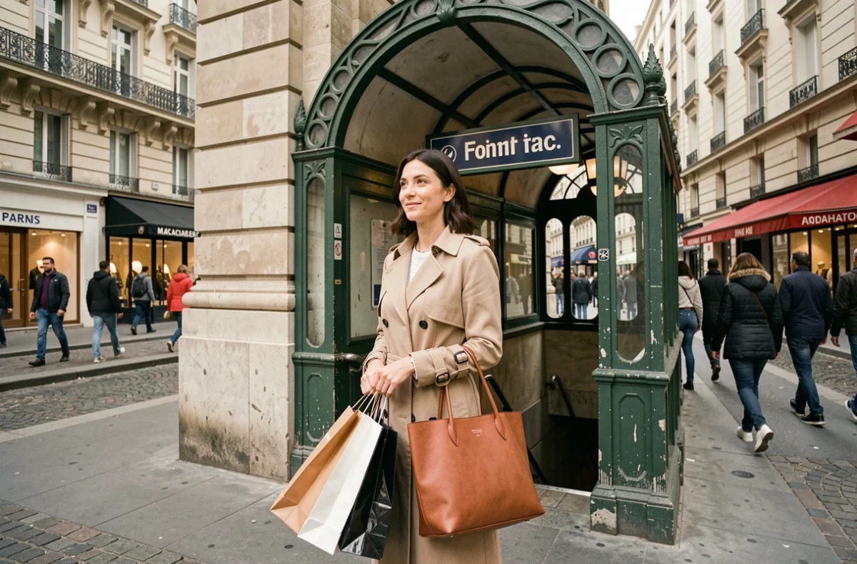 Femme élégante avec des sacs de shopping devant l'entrée d'une station de métro parisienne de la ligne 6