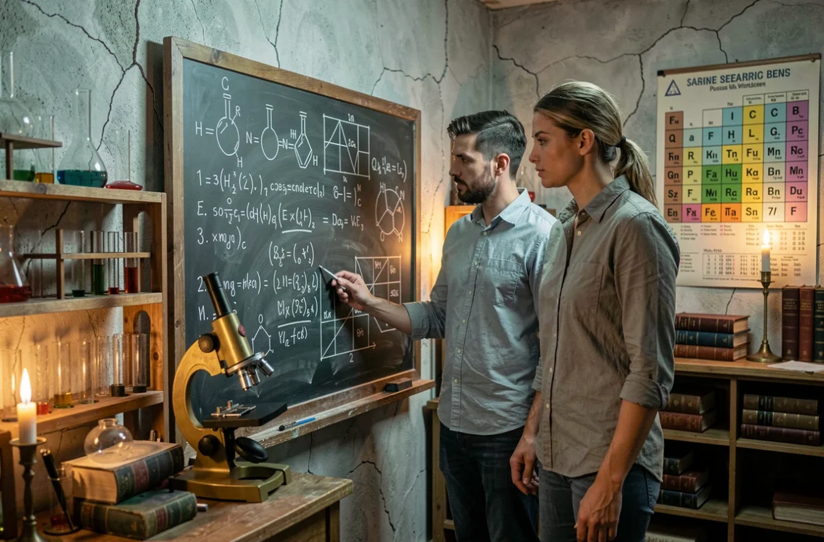 Duo de joueurs déchiffrant des formules scientifiques dans l'escape game S.T.E.A.M. à Vichy