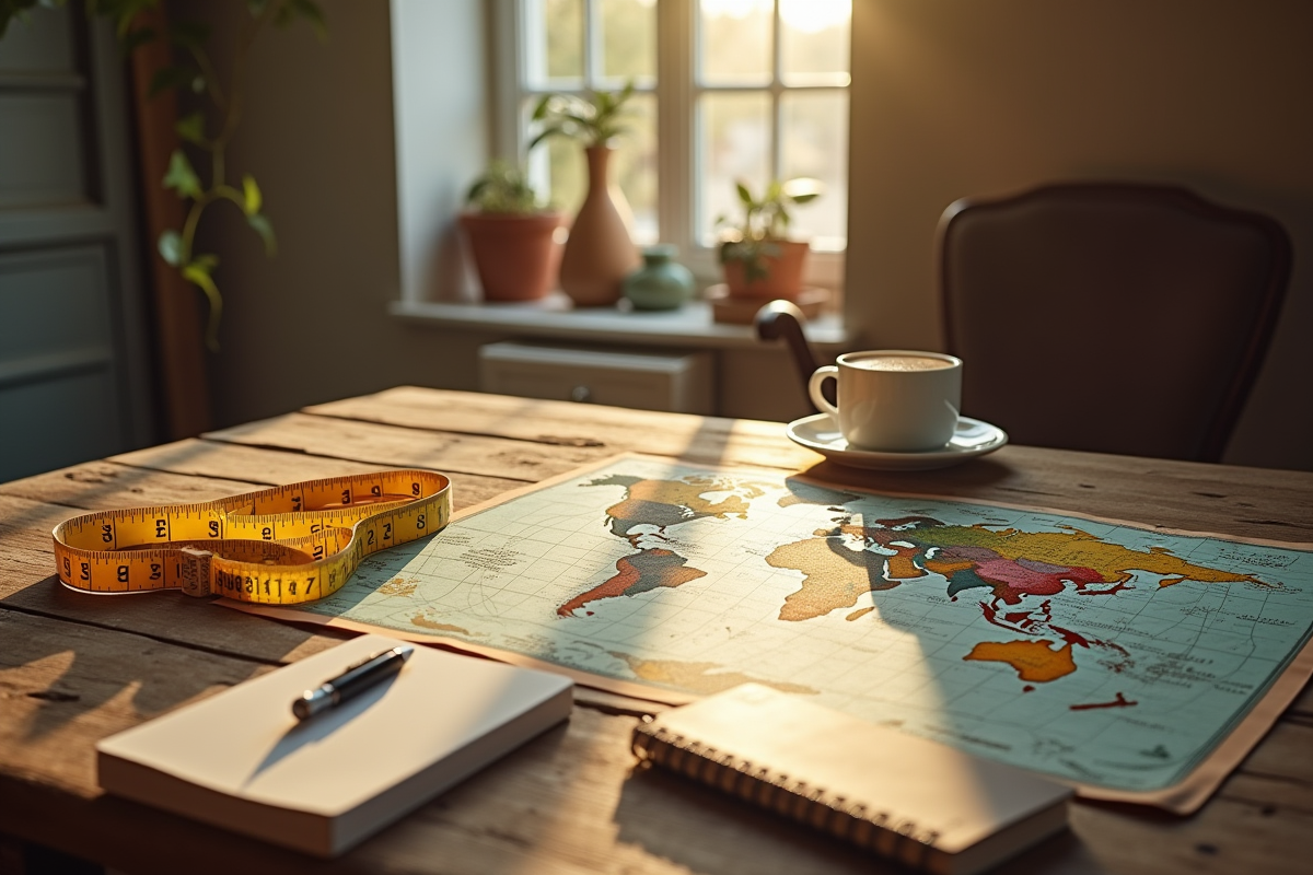 Table en bois avec carte du monde et règle en miles et km