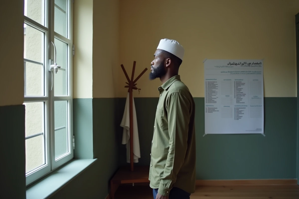 Homme consultant un tableau des horaires de prière affiché dans une mosquée de Nantes