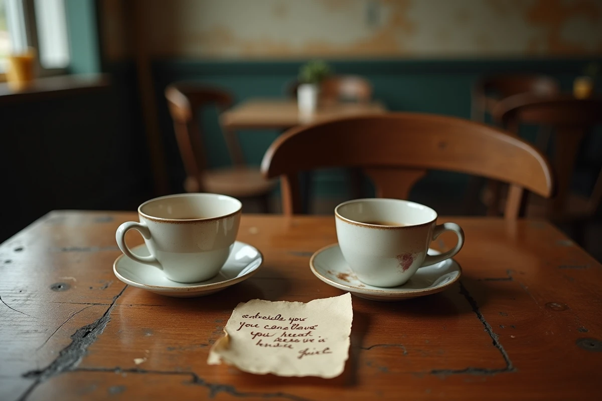Deux tasses de café vides avec un mot froissé sur une table de café, métaphore visuelle d'un adieu douloureux