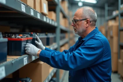 Technicien vérifiant batteries dans un entrepôt organisé