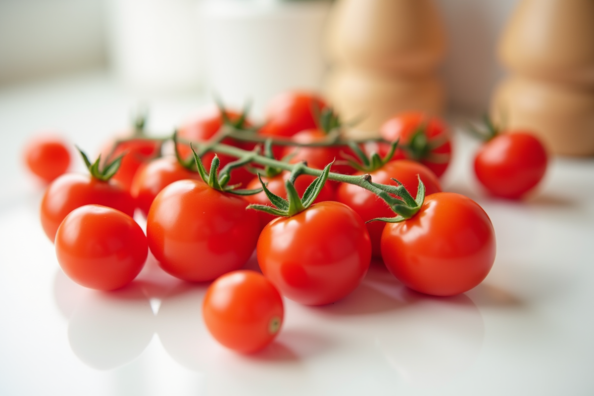 Tomates cerises fraîches sur plan de travail blanc lumineux