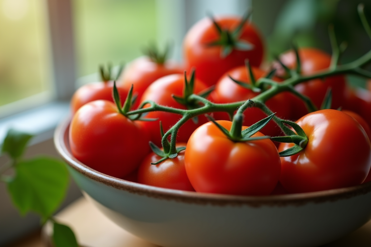 Tomates cerises sur la vigne près d une fenêtre en lumière douce