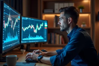 Trader concentré devant trois écrans affichant des graphiques boursiers et une horloge GMT+2 dans un bureau moderne