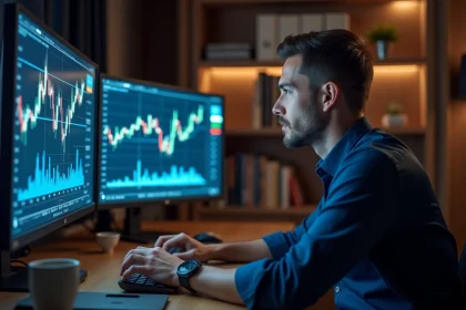 Trader concentré devant trois écrans affichant des graphiques boursiers et une horloge GMT+2 dans un bureau moderne