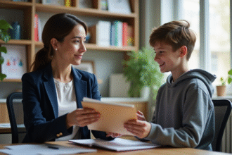 Assistante sociale tendant un dossier à un garçon souriant