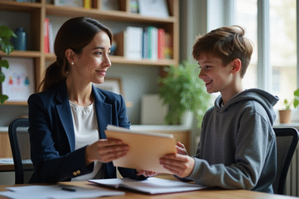 Assistante sociale tendant un dossier à un garçon souriant