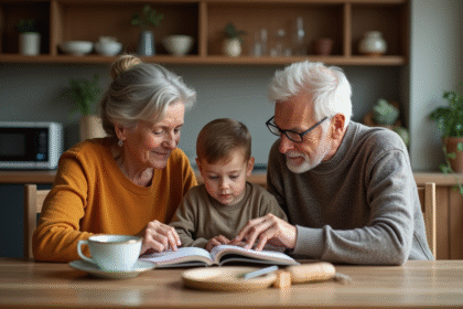 Trois générations de famille autour d'une table rustique