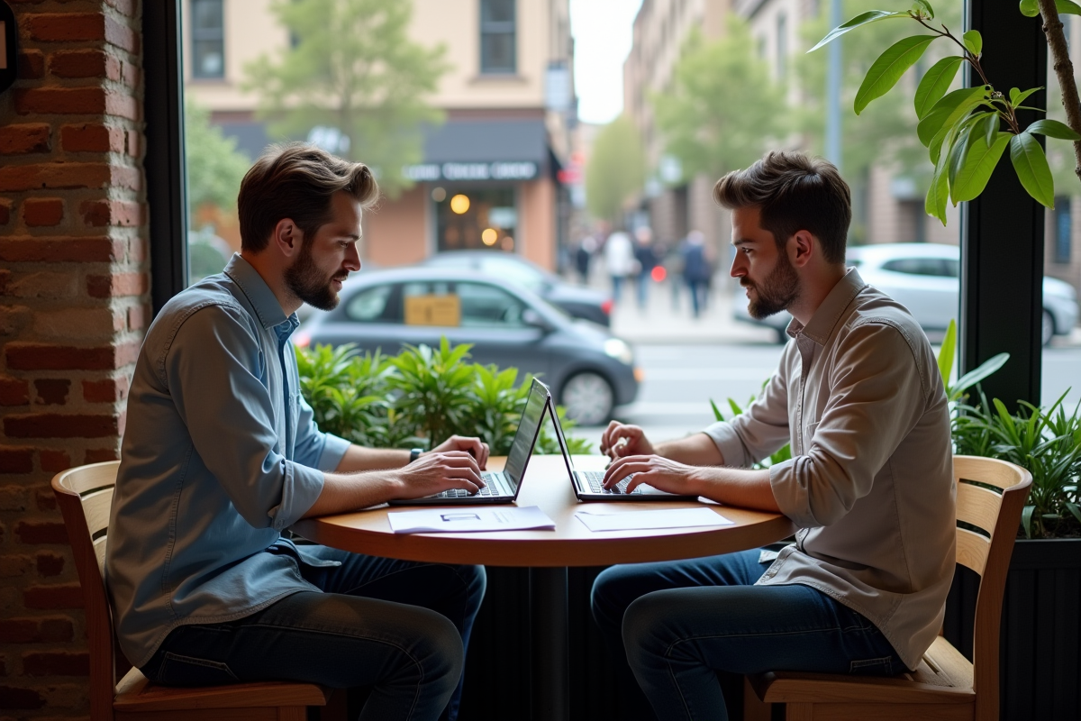 Deux hommes UX collaborant dans un café lumineux